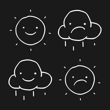 Set of drawn suns and clouds. Hand drawn character Stock Illustration