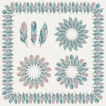 Set of Drawn Tribal Feathers Stock Illustration