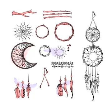 Set of Dreamcatcher. Design elements in Boho style isolated on white Stock Illustration