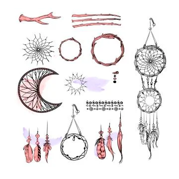Set of Dreamcatcher. Design elements in Boho style isolated on white  Illustrazione stock