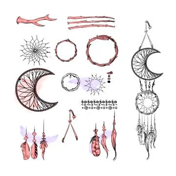 Set of Dreamcatcher. Design elements in Boho style isolated on white Stock Illustration
