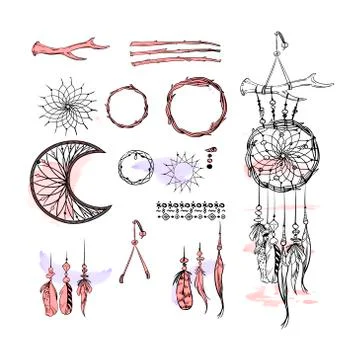Set of Dreamcatcher. Design elements in Boho style isolated on white  库存插图