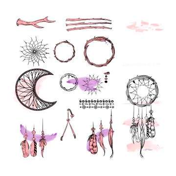 Set of Dreamcatcher. Design elements in Boho style isolated on white Illustrazione stock