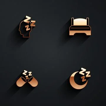 Set Dreams, Big bed, Sleeping pill and Moon and stars icon with long shadow Stock Illustration