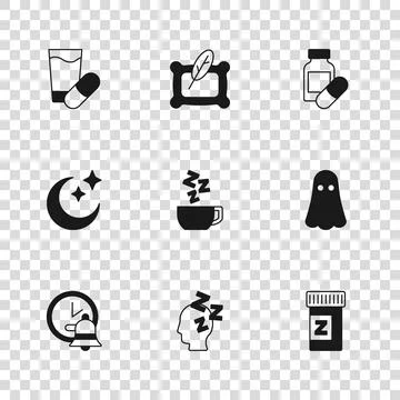 Set Dreams, Ghost, Sleeping pill, Chamomile tea, Pillow and Moon and stars .. Stock Illustration
