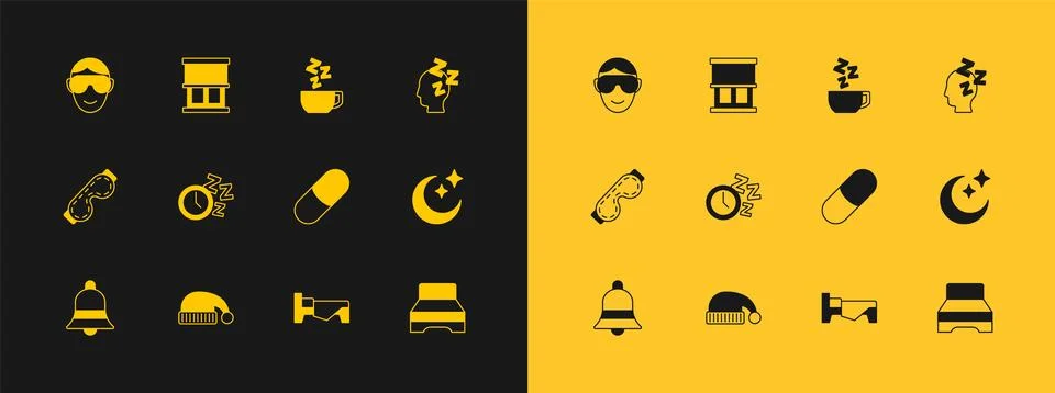 Set Dreams, Sleeping hat, pill, Bed, Alarm clock, Chamomile tea, Eye sleep .. Stock Illustration