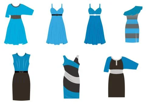 Set of dresses in different styles in four colors: black, blue, Stock-Illustration