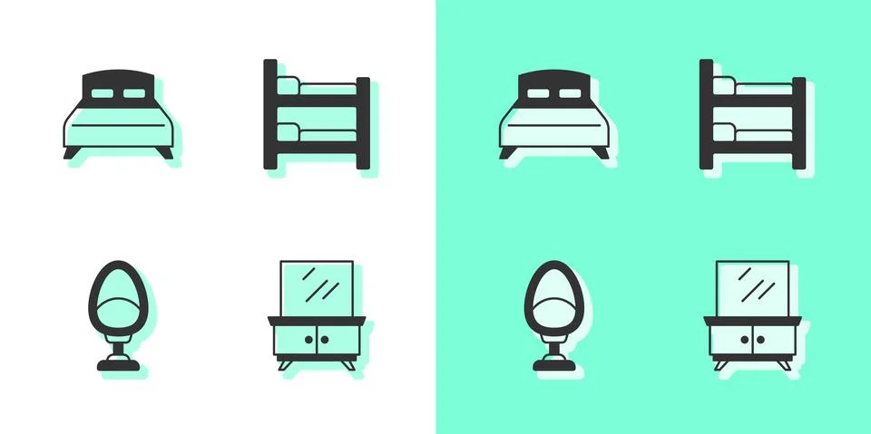 Set Dressing table, Big bed, Armchair and Bunk icon. Vector Illustrazione stock
