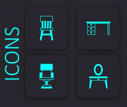 Set Dressing table, Chair, Office desk and chair icon. Black square button Stock Illustration