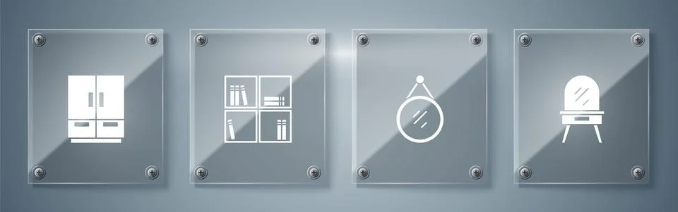 Set Dressing table, Mirror, Shelf with books and Wardrobe. Square glass panels Stock Illustration