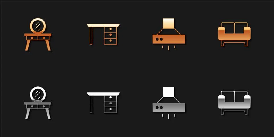 Set Dressing table, Office desk, Kitchen extractor fan and Sofa icon. Vector Ilustración de archivo