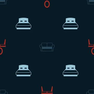 Set Dressing table, Sofa and Big bed on seamless pattern. Vector Illustrazione stock