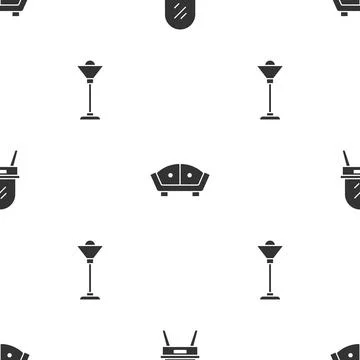 Set Dressing table, Sofa and Floor lamp on seamless pattern. Vector 스톡 일러스트