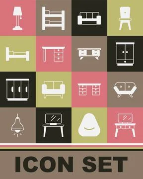 Set Dressing table, Sofa, Wardrobe, Office desk, Bed, Floor lamp and TV stand Stock Illustration