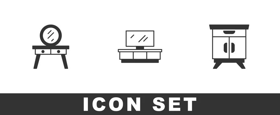 Set Dressing table, TV stand and Furniture nightstand icon. Vector Stock Illustration
