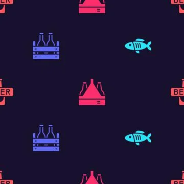 Set Dried fish, Pack of beer bottles, and Beer on seamless pattern. Vector 스톡 일러스트