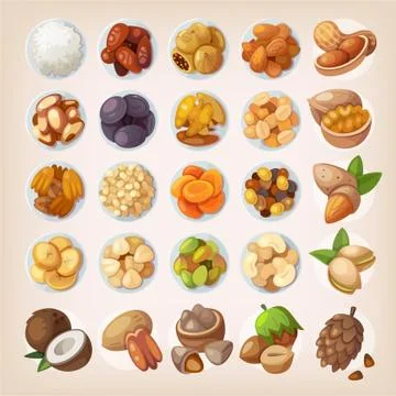 Set of dried fruit and nuts Stock Illustration