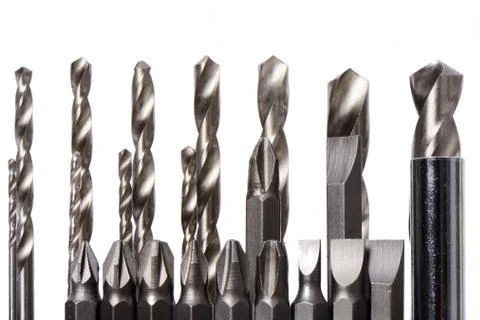 Set of drill bits isolated in white Stock Photos