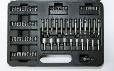 Set of drill bits in plastic housing Stock Photos