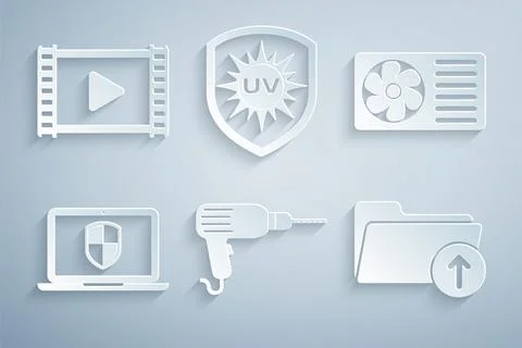 Set Drill machine, Air conditioner, Laptop with shield, Download arrow folder 스톡 일러스트