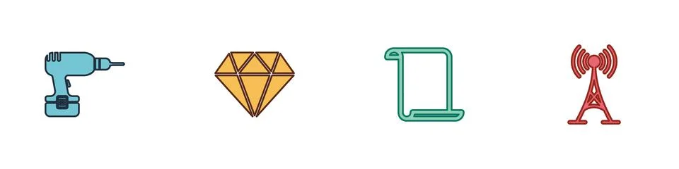 Set Drill machine, Diamond, Paper scroll and Antenna icon. Vector Stock Illustration