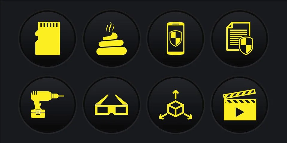 Set Drill machine, Document protection, 3D cinema glasses, Isometric cube Stock Illustration