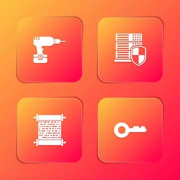 Set Drill machine, Server with shield, Paper scroll and Key icon. Vector Stock Illustration