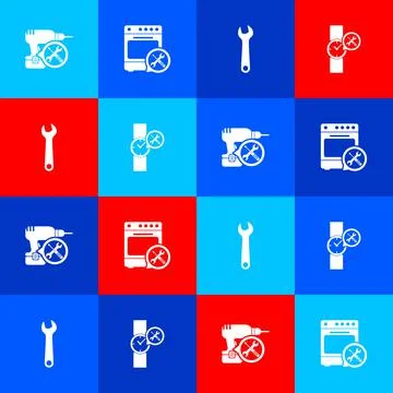Set Drill machine service, Oven, Wrench and Wrist watch icon. Vector Illustrazione stock