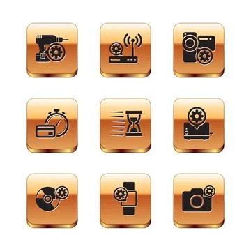 Set Drill machine setting, CD or DVD disk, Smartwatch, Old hourglass with sand Stock Illustration