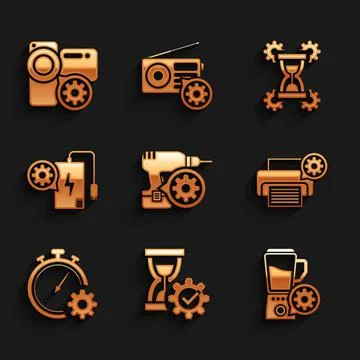Set Drill machine setting, Hourglass, Blender with bowl, Printer, Time Illustrazione stock