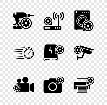 Set Drill machine setting, Router and wi-fi, Washer, Video camera, Photo an.. Stock Illustration