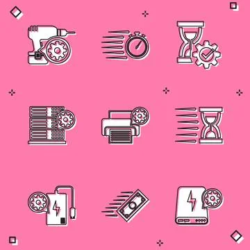 Set Drill machine setting, Stopwatch, Hourglass, Server, Printer and Old Stock Illustration