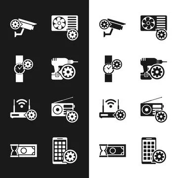 Set Drill machine setting, Wrist watch, Security camera, Air conditioner, R.. Stock Illustration
