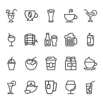 Set drink related vector line icon. Stock Illustration