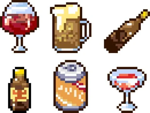 Set of drinks icons in pixel art style Stock Illustration