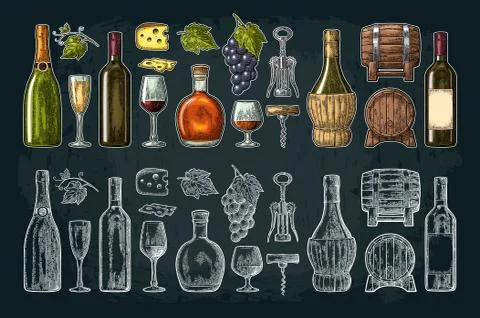 Set drinks made from grapes. Wine, brandy, champagne Stock Illustration