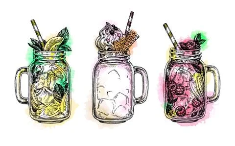 Set of drinks in in mason jars. Stock Illustration