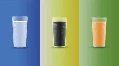 Set of drinks in transparent glases with drops and shadows. Juice, Milk, Cola Stock Illustration