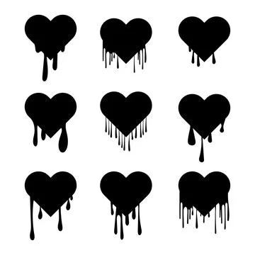 Set of Dripping Heart Silhouettes Vector Illustration Stock Illustration