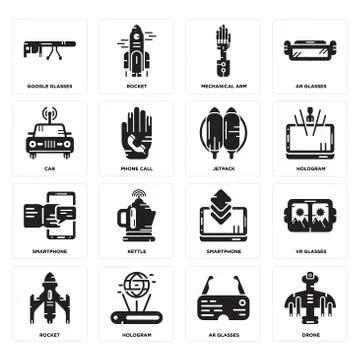 Set of Drone, Ar glasses, Rocket, Smartphone, Jetpack, Car, Mechanical arm, G Gratis stockillustratie