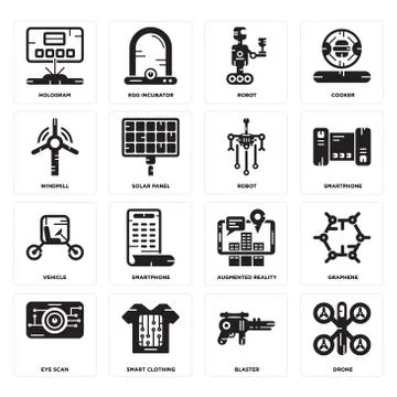 Set of Drone, Blaster, Eye scan, Augmented reality, Vehicle, Robot, Windmill, Free Stock Illustration