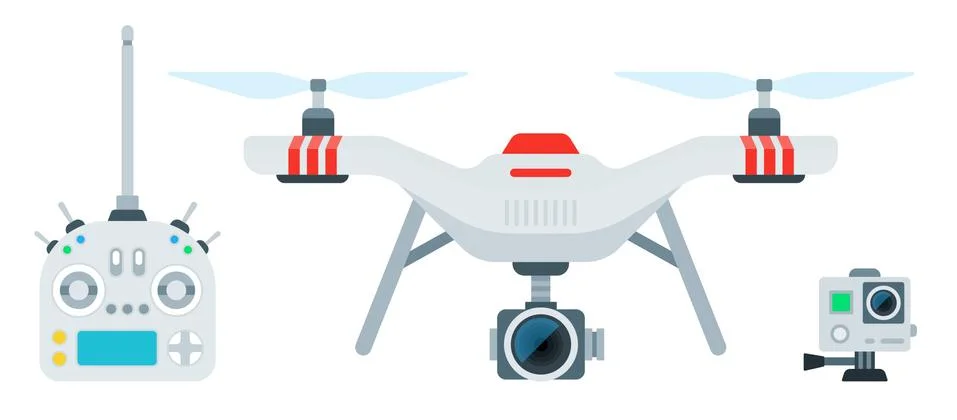 Set of a drone with a camera, a remote control and an action camera vector icon Stock Illustration