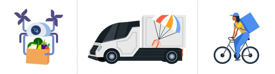 Set drone cargo van and courier on bike different express delivery service Illustrazione stock