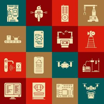 Set Drone delivery concept, 3D printer, Antenna, Remote control, Algorithm Stock Illustration