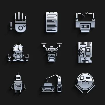 Set Drone delivery concept, Robot vacuum cleaner, Electronic computer components Stock-Illustration