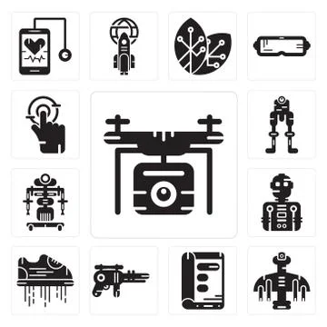 Set of Drone, Display, Blaster, Flying shoes, Robot, Tap icons Free Stock Illustration