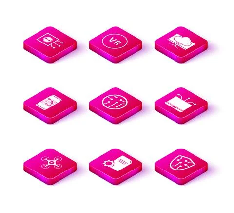 Set Drone, File document, Mobile and graphic password protection, Processor Illustrazione stock