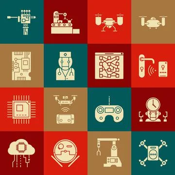 Set Drone flying with action camera, doctor, Electronic computer components Stock Illustration