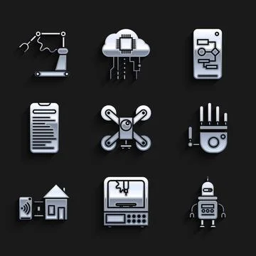 Set Drone flying with action camera, 3D printer, Robot, Mechanical robot hand Illustrazione stock