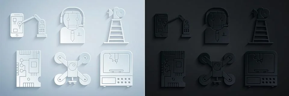 Set Drone flying with action camera, Antenna, Electronic computer components Illustrazione stock